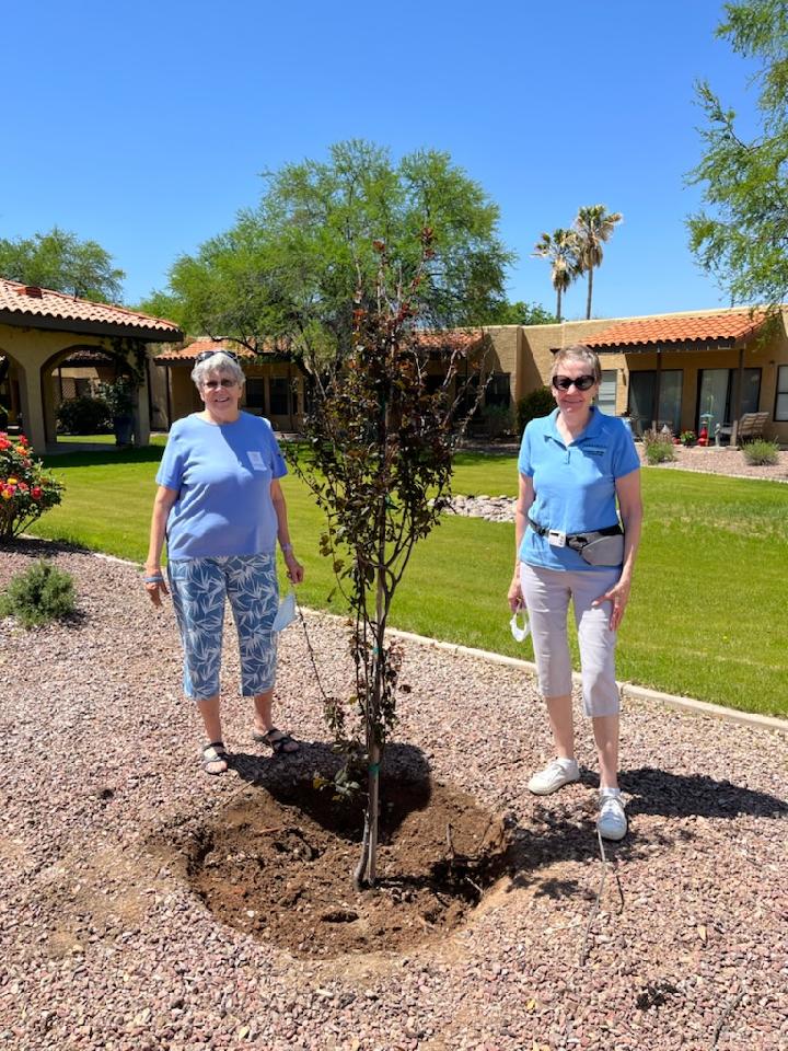 April 22, 2022: Sue Colley (left) & Charlene Ostlund at Silver Springs tree planting event recognizing the strength and endurance of people with Parkinson's Disease.